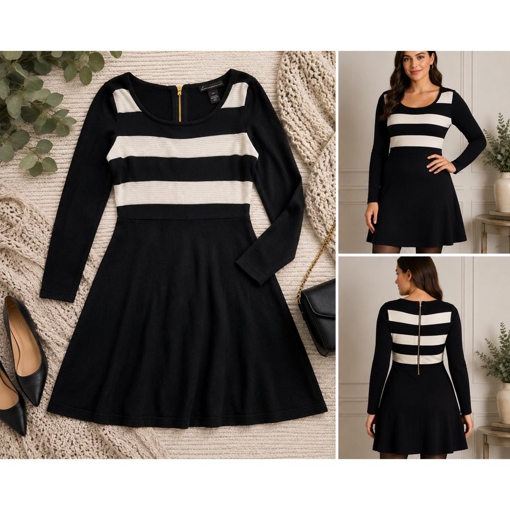 Lane Bryant Striped Sweater Dress Womens 14 16 Black Ivory Gold Zip Knit Fall